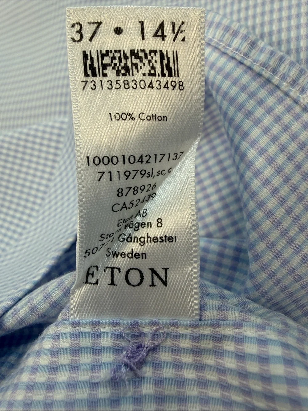 Eton Men's Slim-Fit Blue Micro Check Dobby Dress Shirt Size 14.5 | 37 LS Cotton